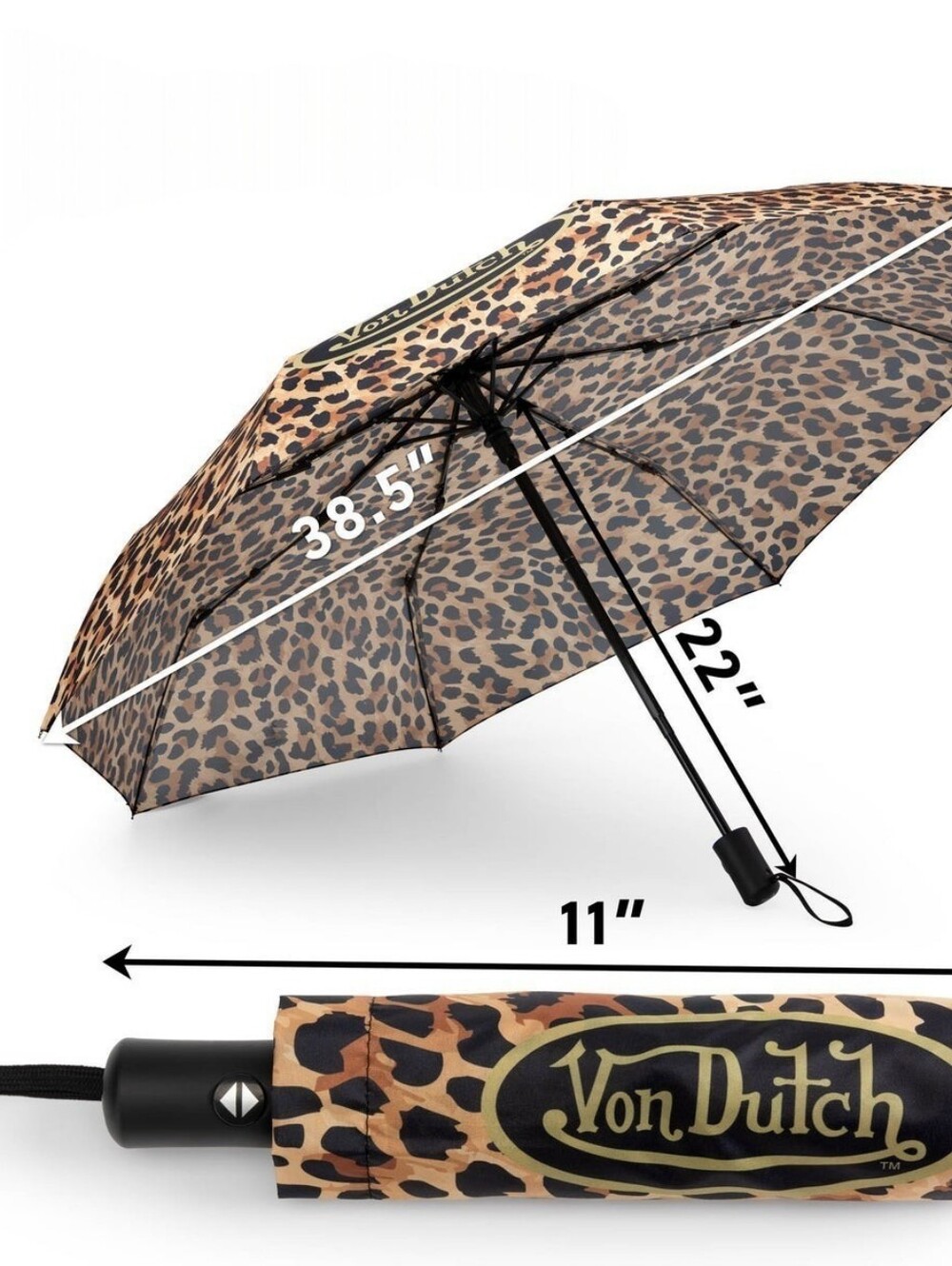 VON DUTCH Automatic Open Close Leopard Print Compact Umbrella - Black Brown - Picture 5 of 7